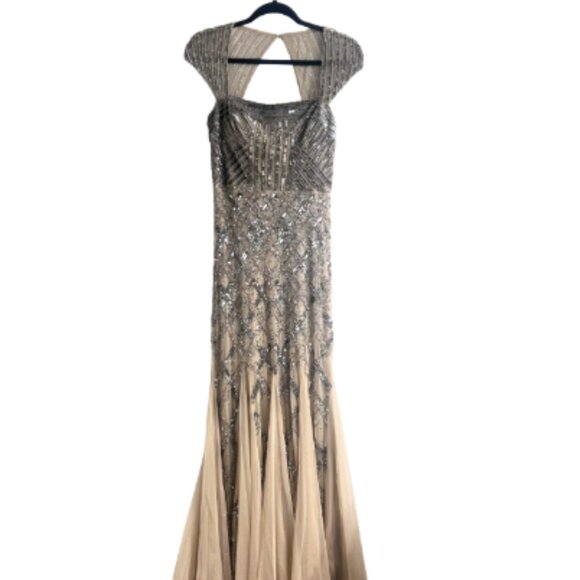 Adrianna Papell Nude Cap Sleeve Beaded Dress Size 4 Square Neck - Picture 4 of 5